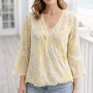 Hearts of Palm Sheer Wrap Blouse Women’s PS Butter Yellow Paisley Boho Peasant